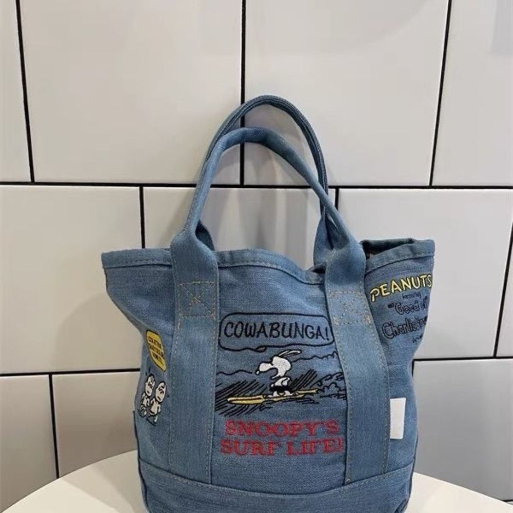 Snoopy cartoon denim handbag cute print anime portable casual tote bag